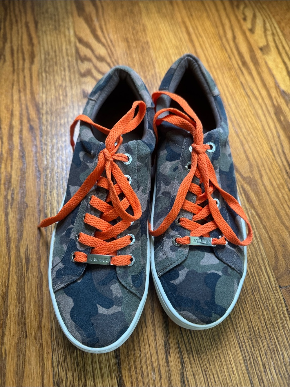 J Slides Camo Sneakers with Orange Laces